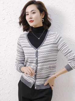 V-neck Long Sleeve Jacquard Cardigan Sweater