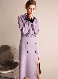 Cashmere Short Overcoat & Belted Split Maxi Skirts