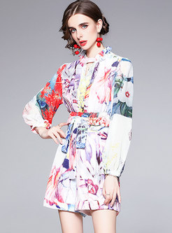 Long Sleeve Printed Blouse & High Waisted Hot Pant Suits