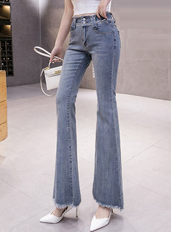 High Waisted Fringe Trim Flare Jeans