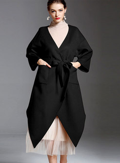 V-neck Long Sleeve High-low Wrap Wool Overcoat