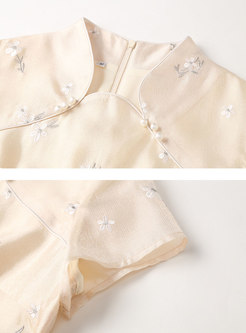 Short Sleeve Jacquard Cheongsam Midi Dress