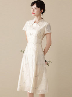 Short Sleeve Jacquard Cheongsam Midi Dress