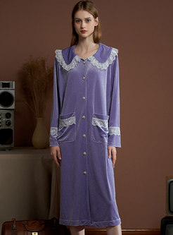 Lace Patchwork Velvet Button-down Nightdress