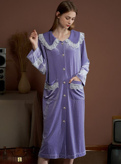 Lace Patchwork Velvet Button-down Nightdress