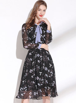 Long Sleeve Printed Polka Dot Chiffon Dress