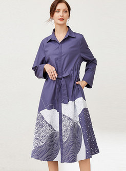 Plus Size Printed Drawstring Midi Shirt Dress