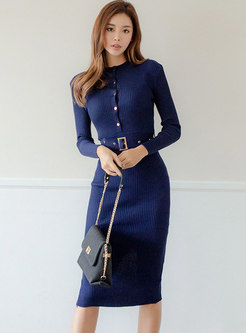 Long Sleeve Button-down Belted Sweater Dress