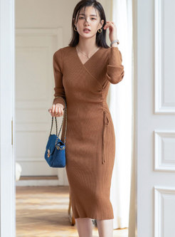 V-neck Long Sleeve Drawstring Midi Sweater Dress