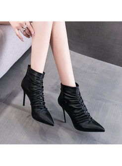 Pointed Toe Faux Leather Ruched High Heel Short Boots