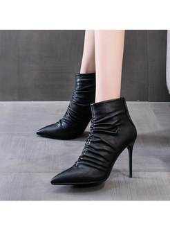 Pointed Toe Faux Leather Ruched High Heel Short Boots