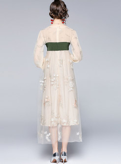 V-neck Long Sleeve Mesh Embroidered Long Dress