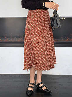 High Waisted Plaid Tweed A Line Midi Skirt