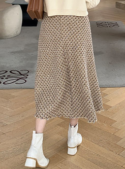 High Waisted Plaid Tweed A Line Midi Skirt