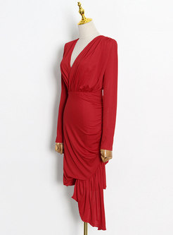 V-neck Long Sleeve Ruched High-low Cocktail Dress