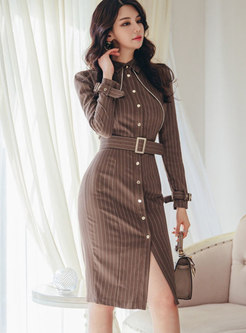 Long Sleeve Striped Button-down Work Dress