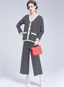 V-neck Houndstooth Sweater Cardigan & Wide Leg Pant Suits