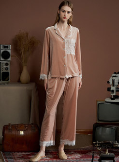 Lace Button-down Velvet Long Sleeve Pajama Set