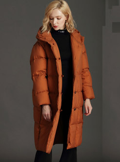 Plus Size Hooded Button-down Long Puffer Coat