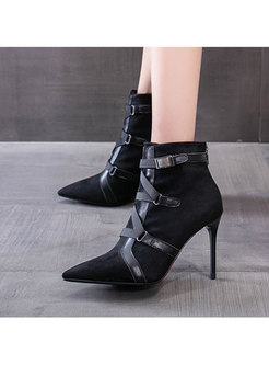 Pointed Toe Leather Buckle High Heel Ankle Boots 