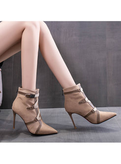 Pointed Toe Leather Buckle High Heel Ankle Boots 