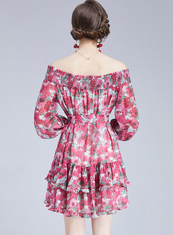 Sweet Off-the-shoulder Long Sleeve Belted Short Dress