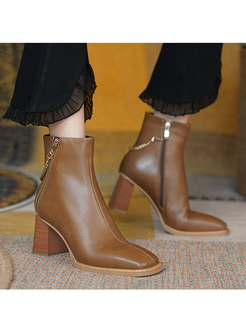 Square Toe Chain Embellished Block Heel Ankle Boots
