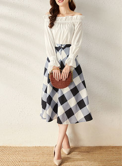 Off-the-shoulder Pullover Blouse & Plaid A Line Maxi Skirt