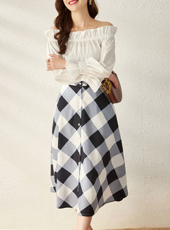 Off-the-shoulder Pullover Blouse & Plaid A Line Maxi Skirt