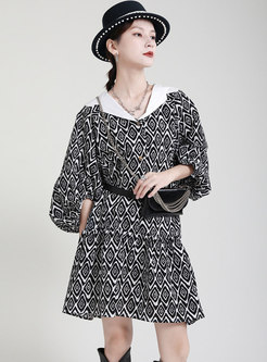 Plus Size Puff Sleeve Geometric Print Short Dress