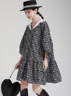 Plus Size Puff Sleeve Geometric Print Short Dress