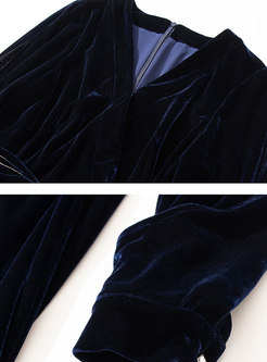 V-neck Long Sleeve Lace Patchwork Velvet Midi Dress