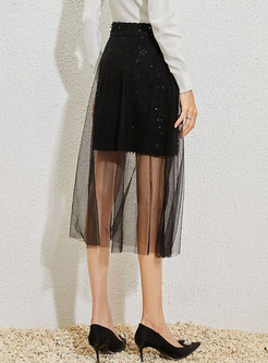 High Waisted Mesh Sequin Midi Skirt