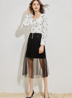 High Waisted Mesh Sequin Midi Skirt
