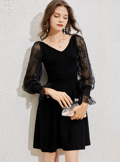 Lace Beaded Patchwork Short Sweater Dress