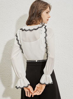 Flare Sleeve Bowknot Lace Up Pullover Blouse