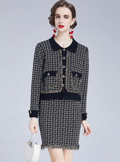 Long Sleeve Plaid Coat & Knitted Mini Skirt Suits