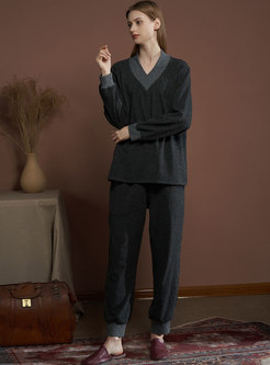 V-neck Long Sleeve Pullover Casual Pajama Set