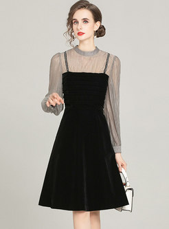 Mesh Long Sleeve Patchwork Velvet Little Black Dress