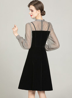 Mesh Long Sleeve Patchwork Velvet Little Black Dress