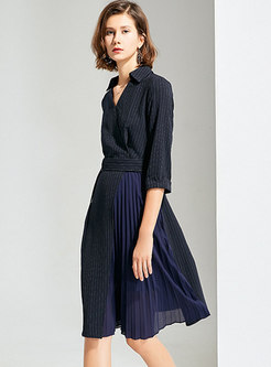 Striped Belted Pleated Knee-length Work Dress