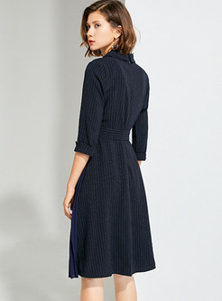 Striped Belted Pleated Knee-length Work Dress