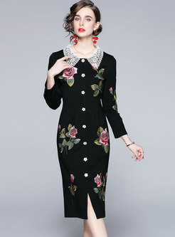 Embroidered Long Sleeve Midi Little Black Dress