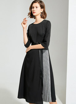 Casual Plaid Patchwork Belted Pleated Midi Dress