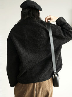 Faux Fleece Button-down Short Loose Jacket