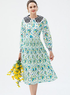 Sweet Long Sleeve Floral Midi Pleated Dress