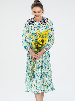 Sweet Long Sleeve Floral Midi Pleated Dress