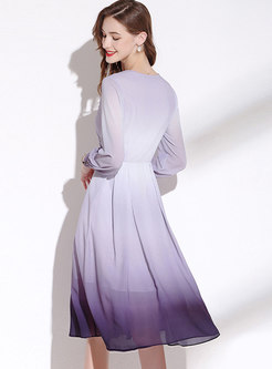 V-neck Long Sleeve Gradient Chiffon Midi Dress