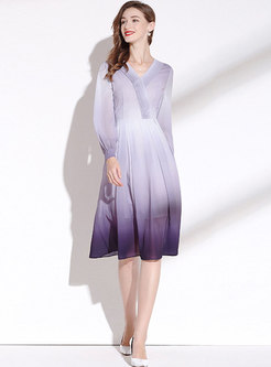 V-neck Long Sleeve Gradient Chiffon Midi Dress