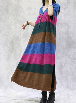 Plus Size Batwing Sleeve Striped Long Sweater Dress